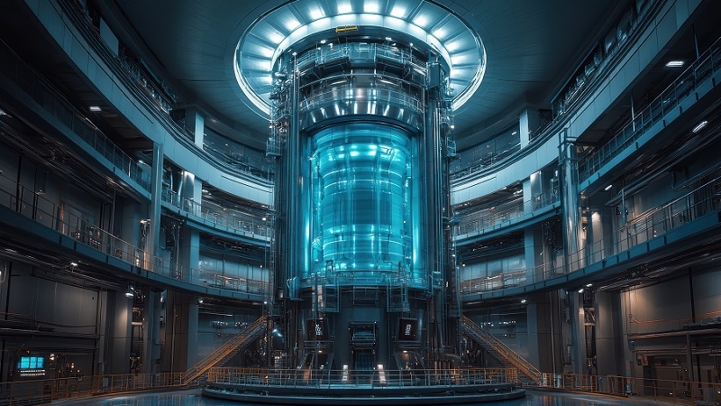 Top-down view of an advanced nuclear power plant with glowing blue water and intricate design features