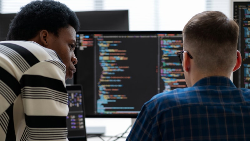 Software coders looking at computer screens
