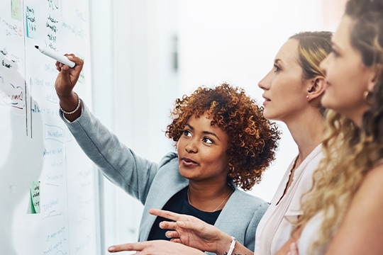 Three women standing at a whiteboard