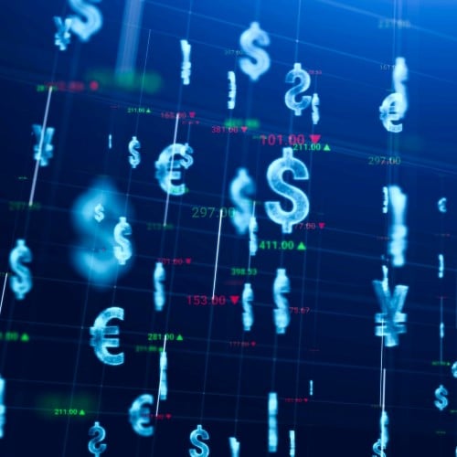 Graphic of currency symbols in an open space