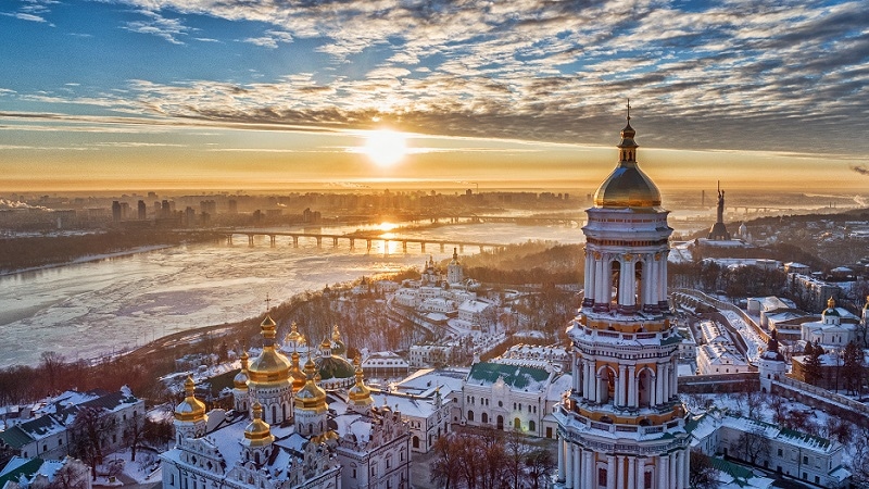 Aerial view of Kyiv in winter.